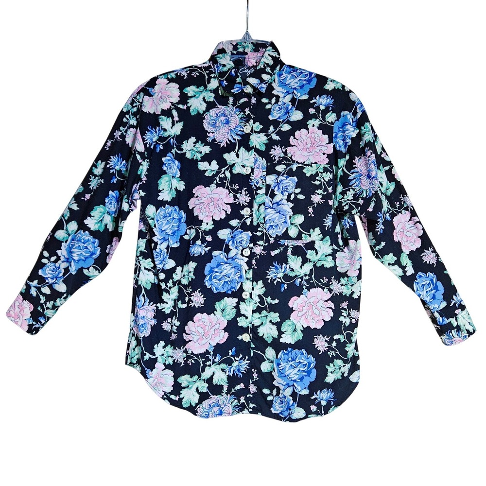 Vtg USA Dark Floral Pink Blue Button Down Shirt S Cottagecore Retro Grandmacore